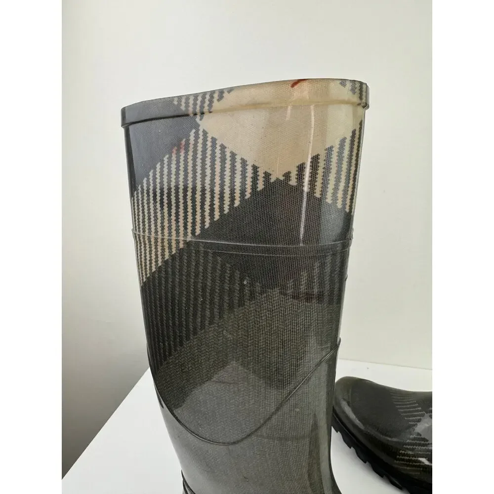 BURBERRY Gray 37 Rain Boots Rubber Big Scale Check Round Toe Knee High Pull On